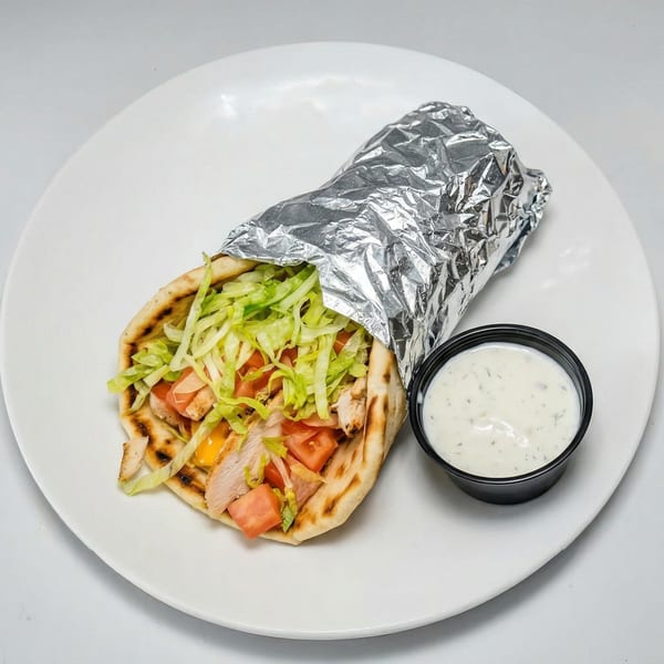 Chicken pita wrap with lettuce, tomatoes, and a side of white sauce on a white plate.