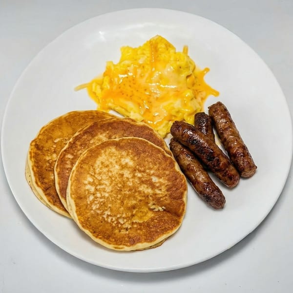 A breakfast plate with three golden pancakes, four browned sausage links, and cheesy scrambled eggs.