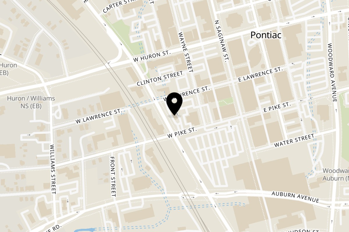 Map showing the location of M1 Grill on 50501 Woodward Ave in Pontiac